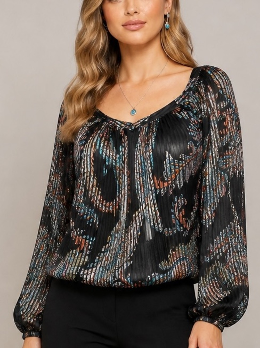 MAEVE Madeira Long Sleeve V-Neck Elastic Hem Burnout Blouse Size X-Small